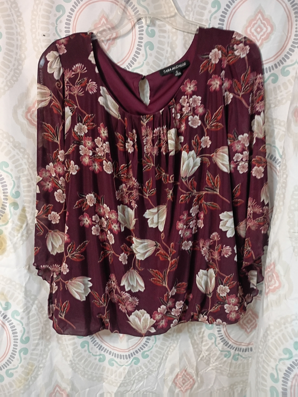 Sara Michelle Burgundy Floral Scoop-Neck Blouse